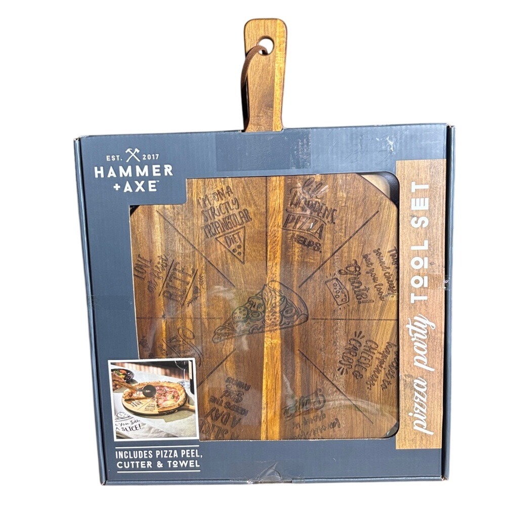 Hammer + Axe Pizza Party Tool Set Wooden Pizza Cutting Board, Pizza Cutter Towel